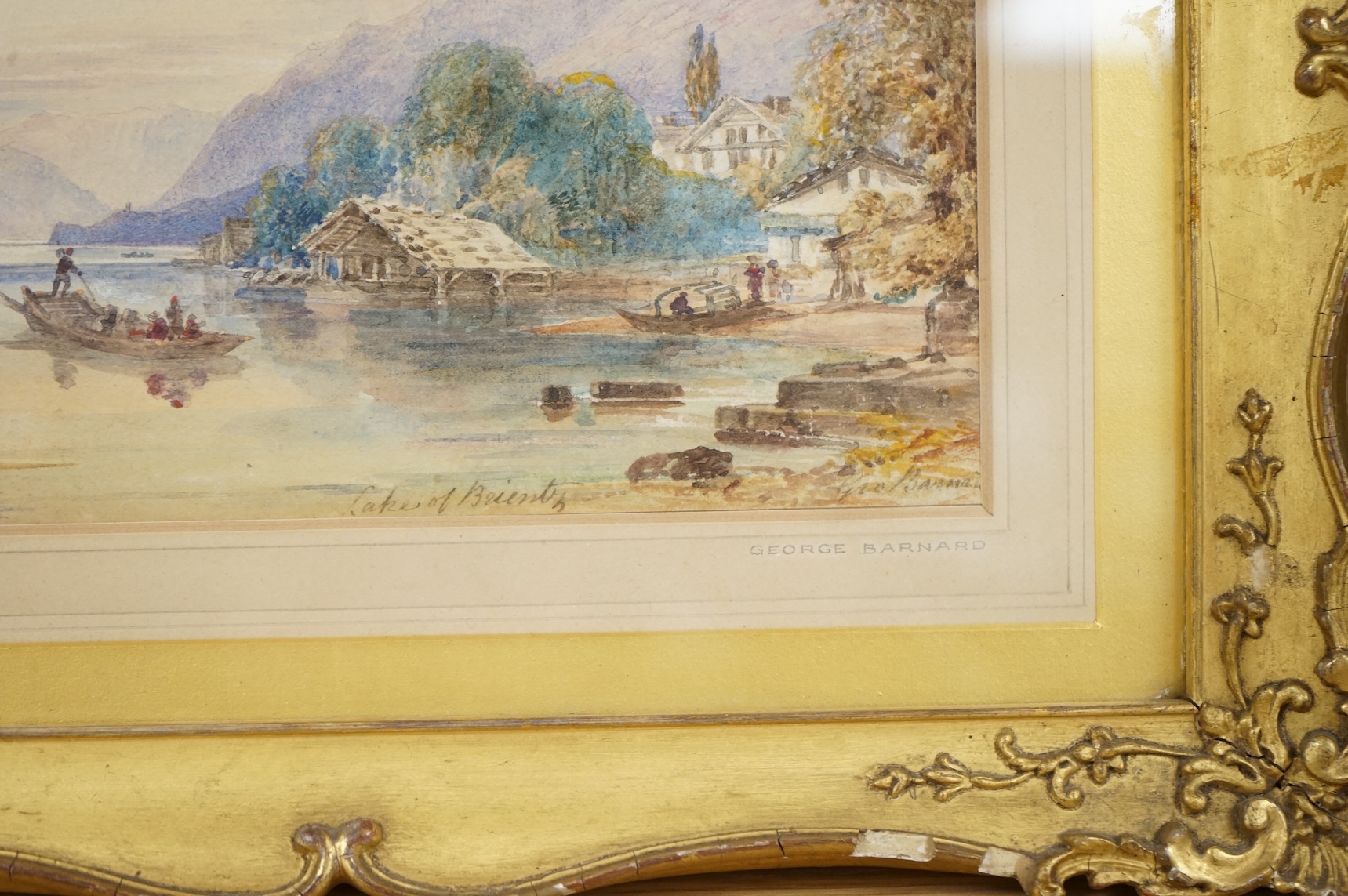George Barnard (1807-1890), watercolour, ‘Lake Brientz’, signed, ornate gilt framed, 13 x 19cm. Condition - fair